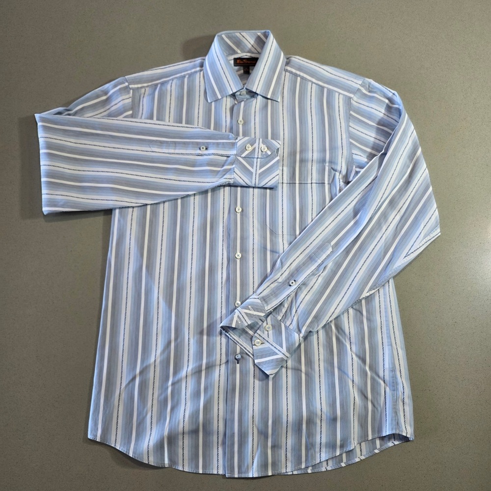 Ben Sherman Mens Blue White Striped Dress Shirt Size 15 34-35 Long Sleeve